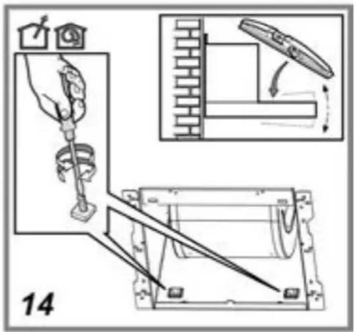 Diagram illustrating a mechanical assembly process with labeled components and directional arrows, including a hand holding a tool and a brick wall inset.