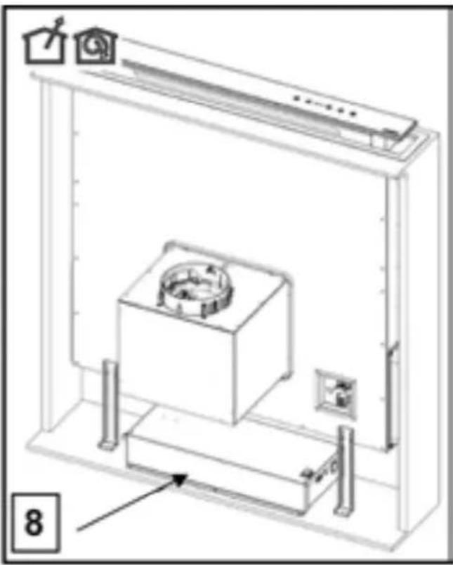 Technical line drawing of a kitchen appliance with a central box and side-mounted appliances (no text or symbols)