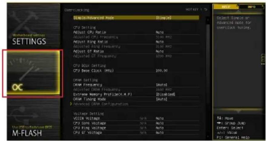 Overclocking Simple/Advanced Mode [Simple] CPU Setting Adjust CPU Ratio Auto Adjusted CPU Frequency 3100 MHz Adjust Ring Ratio Auto Adjusted Ring Frequency 3100 MHz Adjust GT Ratio Auto Adjusted GT Frequency 1200 MHz CPU Boot Setting CPU Base Clock (MHz) 100.00 DRAM Setting DRAM Frequency [Auto] Adj…