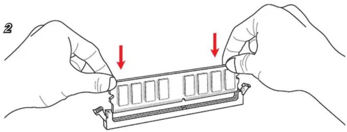 Illustration of hands installing a RAM module into a slot, with red arrows indicating the process (no text or symbols).