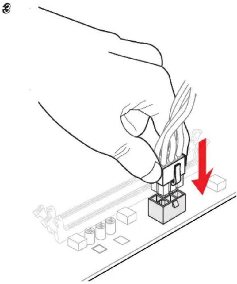 Diagram showing a hand pressing a component with a red downward arrow indicating compression or disassembly, labeled with number 3.