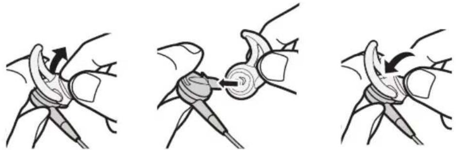 Three-step illustration of a hand holding a mechanical component, showing progressive assembly and disassembly (no text or symbols)