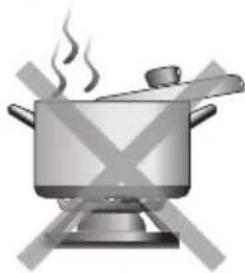 Illustration of a cooking pot with steam rising, crossed by crossed-out triangular shapes.