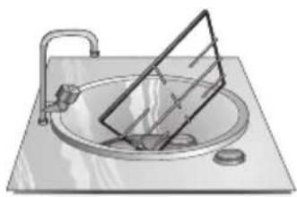 Illustration of a simple kitchen sink with a triangular stand and faucet (no text or symbols)