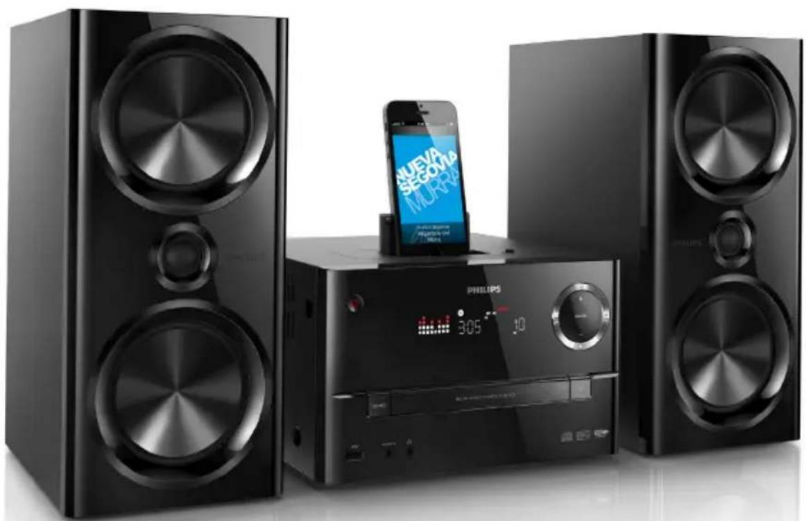 Black Philips audio recording device with two speakers and a smartphone displaying 'SUEVA SEGOMA MURPA' (no visible text or symbols on main components)