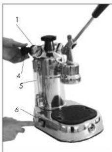 Labeled diagram of a coffee maker with numbered parts for identification