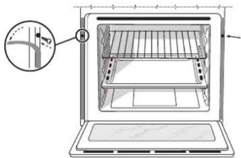Diagram of an oven with a close-up view showing internal structure and a magnified detail of the interior panel.