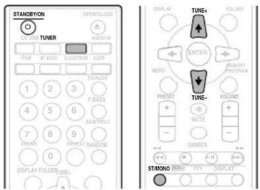 STANDBYON CD USB TUNER AUDIO IN iPod ST AUDIO CLOCK/TIME SLEEP EVALDER 1 2 3 P BASS 4 5 6 RIGHTWIDE 7 8 9 CLEAR REPEAT RANDOM 0 DISPLAY FOLDER TUNE+ DISPLAY TUNE+ FOLDER ENTER MENU MEMORY PROGRAM TUNE- VOLUME + MUTE - DIMMER ST/MONO ROOM PTY DISPLAY