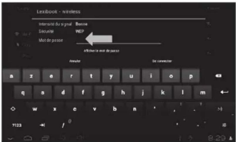 Lexibook - wireless Intensité du signal Banne Sécurité WEP Mot de passe Affixier le mot de passe Annuler De connecter a z e r t y u i o p q s d f g h j k l m ?123 / 8.29