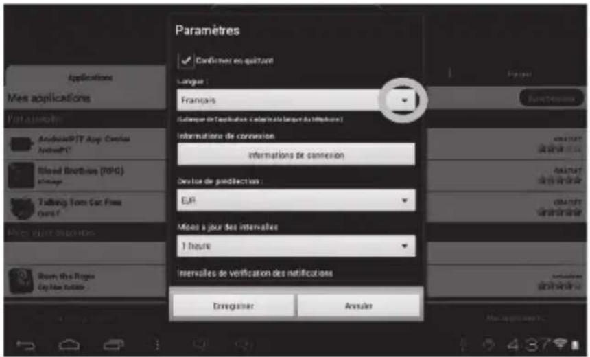 Paramètres Conféter en quétant Language : Français Sublanger de l'application : (applicative language du téléphone) Informations de connexion informations de connexion Device de prédiscitudes : EUR Mises à jour des intervalles 1 heure Intervalles de vérification des notifications Enregistrer Ansuler