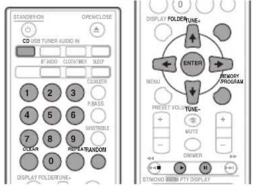 STANDBYON OPENCLOSE CD USB TUNER AUDIO IN BTAOKO CLOCK/TWER SLEEP EQUALizer P.BASS SASSTIBLE CLEAR 8 9 0 REPEATRANOM DISPLAY FOLDER TUNE+ DISPLAY FOLDER TUNE+ ENTER MENU MEMORY/PROGRAM PRESSET VOLTURE- TUNE- MUTE DIMMER STIMONO REMPTY DISPLAY