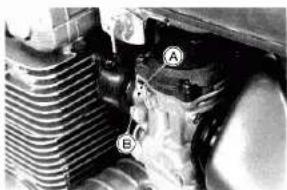 Close-up of a mechanical component with labeled parts A and B, showing internal structure without any readable text or symbols.