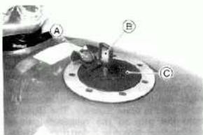 Technical diagram showing a mechanical component with labeled parts A, B, and C on a circular base.