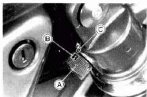 Close-up of mechanical components with labeled parts A, B, and C (no readable text or symbols beyond labels)