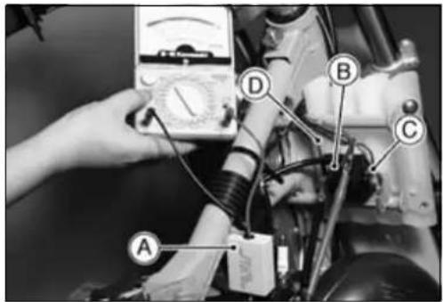 Diagram showing a hand using a multimeter to test electrical components labeled A, B, C, and D, with visible wiring and measurement scale.