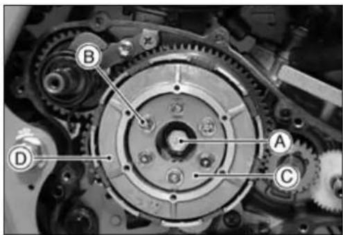 Mechanical gear assembly diagram with labeled components A, B, C, and D