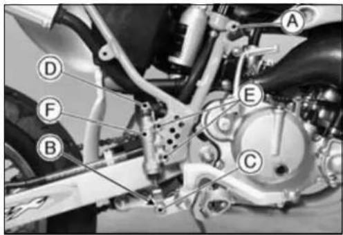 Labeled mechanical assembly diagram showing components A, B, C, D, E, F with numbered parts and wiring connections