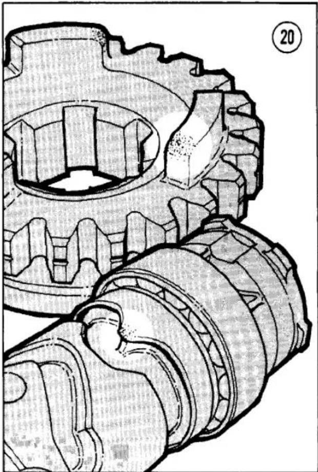 Technical illustration of mechanical gears and shafts (no text or symbols)