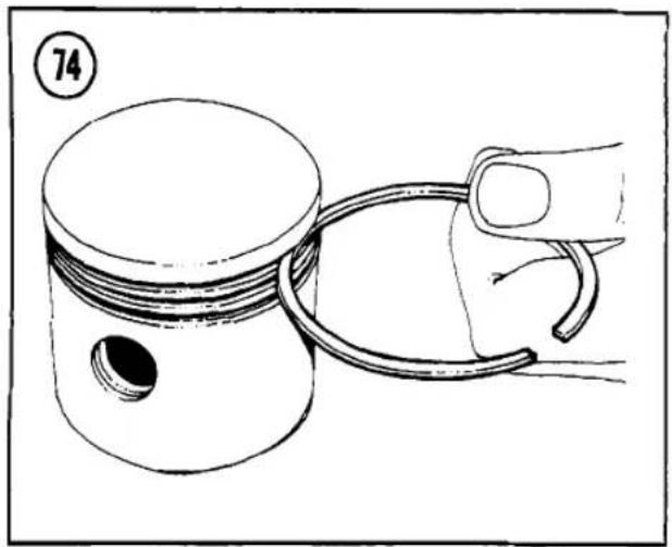 Line drawing of a piston and ring assembly with a hand holding the ring (no text or symbols)