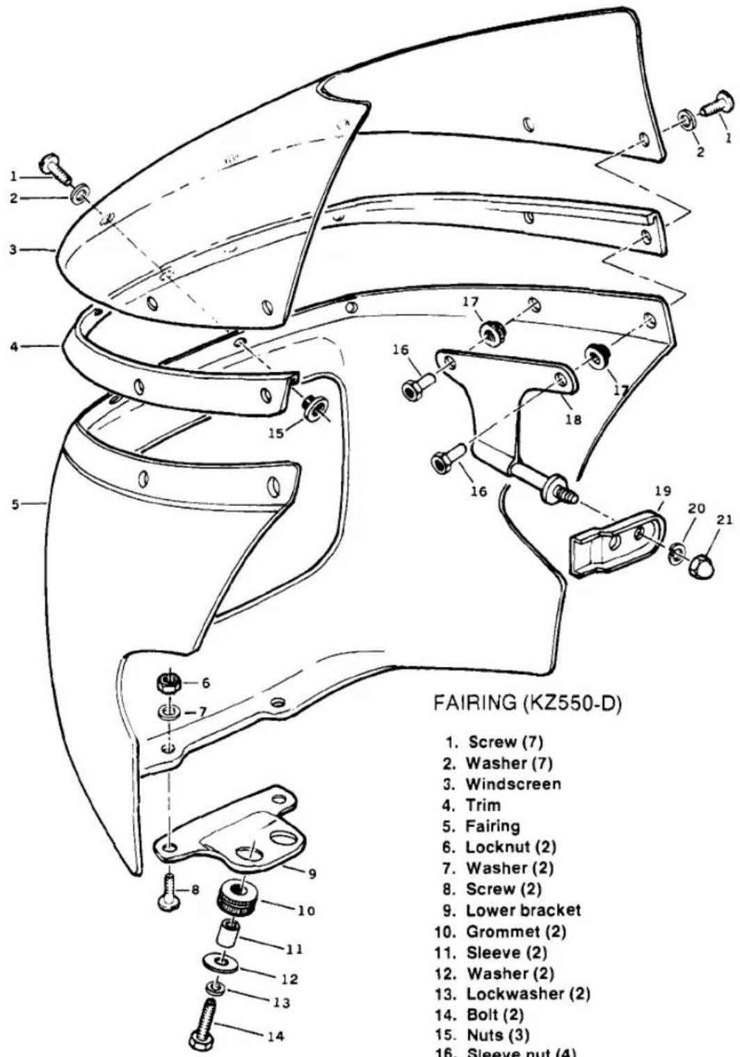 FAIRING (KZ550-D) 1. Screw (7) 2. Washer (7) 3. Windscreen 4. Trim 5. Fairing 6. Locknut (2) 7. Washer (2) 8. Screw (2) 9. Lower bracket 10. Grommet (2) 11. Sleeve (2) 12. Washer (2) 13. Lockwasher (2) 14. Bolt (2) 15. Nuts (3) 16. Sleeve nut (4)