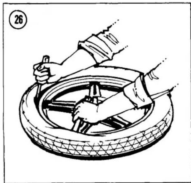 Illustration of hands using a tool to lift a tire, no text or symbols present