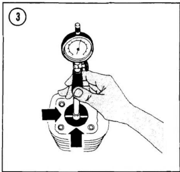 Diagram showing a hand using a pressure gauge to measure a mechanical component, with arrows indicating direction of movement.