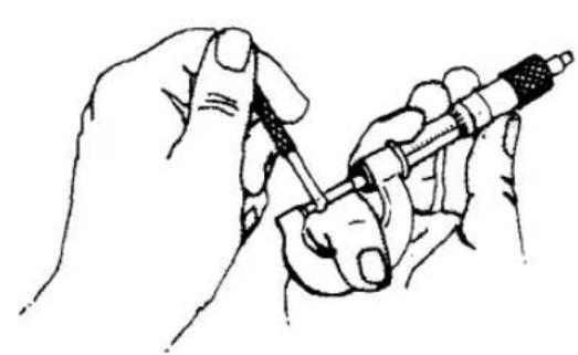 Illustration of hands using a micrometer to measure a tool (no text or symbols present)