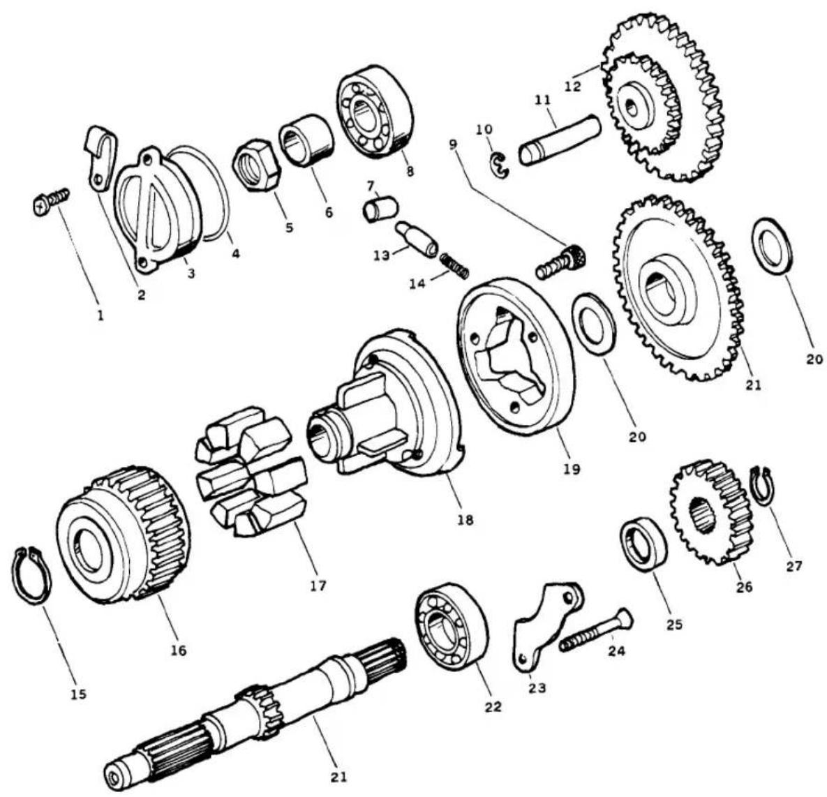 Exploded view diagram of a mechanical assembly with numbered parts for identification