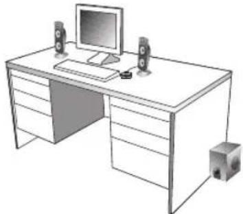Line drawing of a desktop computer setup with monitor, speakers, and keyboard (no text or symbols)