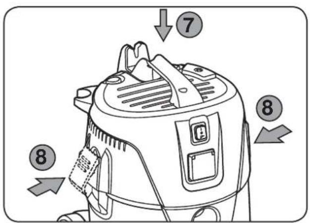 Diagram of a vacuum cleaner with numbered parts indicating parts of the device's internal structure.