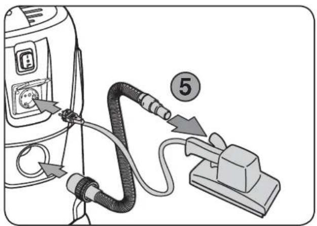Diagram showing a vacuum cleaner connected to a plug, with labeled component 5 and directional arrows indicating connection.