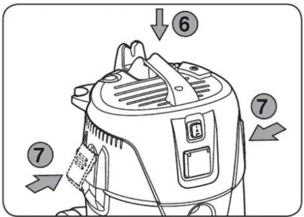 Diagram of a vacuum cleaner with numbered parts indicating mechanical components and directional arrows.