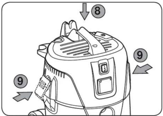 Diagram of a vacuum cleaner with numbered parts indicating mechanical steps or components.