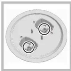 Top-down view of a circular ceiling-mounted fixture with two circular components and mounting holes (no text or symbols visible)