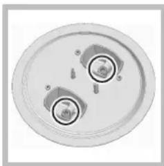 Top-down view of a circular mechanical component with two central ports and mounting holes (no text or symbols visible)
