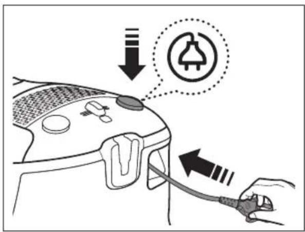 Diagram showing a hand inserting a plug into a device with an electrical plug symbol and warning labels