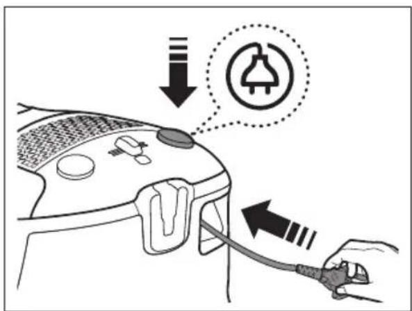 Diagram showing a hand inserting a plug into an electric scooter's cable, with warning symbols and arrows indicating installation or repair.
