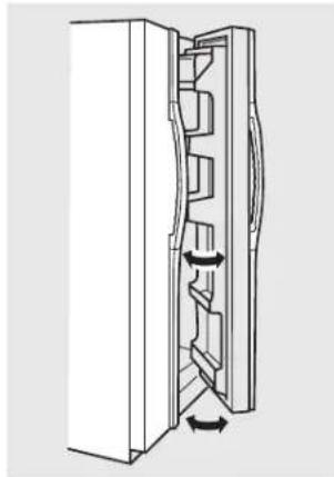 Technical line drawing of a refrigerator internal structure with directional arrows indicating movement (no text or symbols)