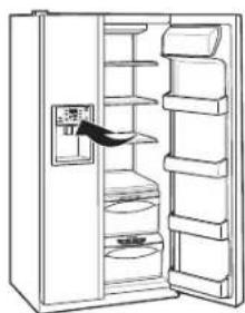 Line drawing of an open refrigerator with shelves and a door handle (no text or symbols)
