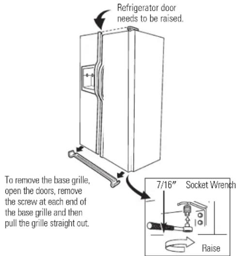 Refrigerator door needs to be raised. To remove the base grille, open the doors, remove the screw at each end of the base grille and then pull the grille straight out. 7/16" Socket Wrench Raise