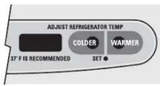 ADJUST REFRIGERATOR TEMP COLDER WARMER 37° F IS RECOMMENDED SET ●
