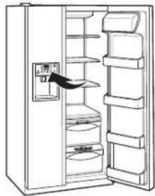 Illustration of an open refrigerator with shelves and a door handle (no text or symbols)