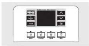 Control panel interface with labeled buttons and a central display screen