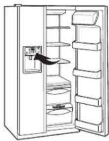Line drawing of an open refrigerator with shelves and a door, no text or symbols present