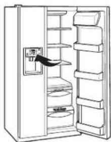 Line drawing of an open refrigerator with shelves and a door, no text or symbols present