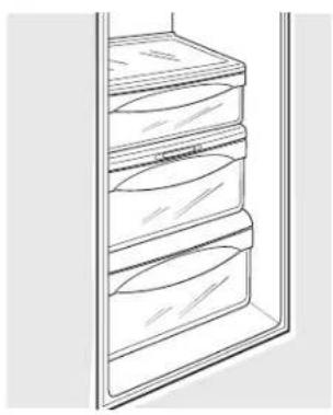 Line drawing of a refrigerator with three shelves and top shelf (no text or symbols)