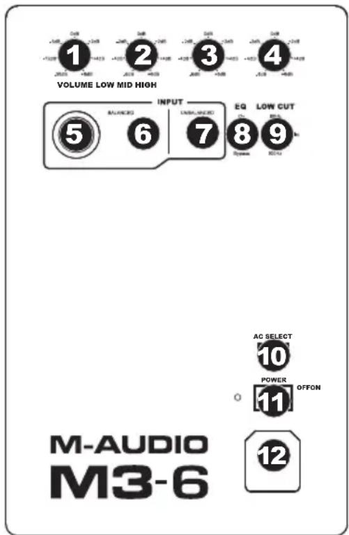 VOLUME LOW MID HIGH INPUT EQ LOW CUT 5 6 7 8 9 AC SELECT 10 POWER OFFON M-AUDIO M3-6