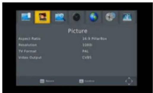 Picture Aspect Ratio 16:9 PictureBox Resolution 108bit TV Format PAL Video Output CvPS Return Cancel