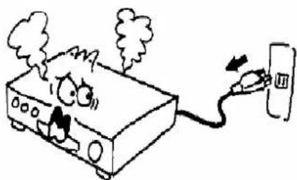 Cartoon illustration of a distressed device emitting smoke next to a connected plug (no text or symbols)