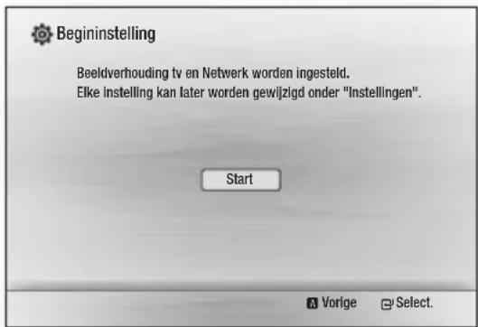 Begininstelling Beeldverhouding tv en Netwerk worden ingesteld. Elke instelling kan later worden gewijzigd onder "Instellingen". Start Vorige Select.